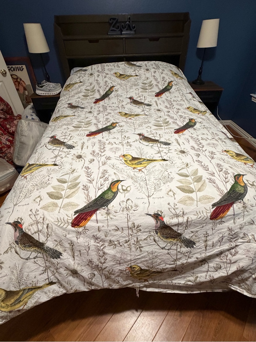 King-Sized Pottery Barn Bird Botanical Flower Fauna Reversible King Duvet Cover